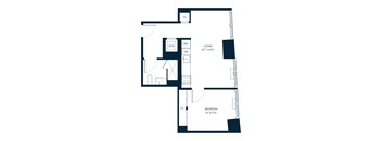 A floor plan of a living room, bedroom, and bathroom.