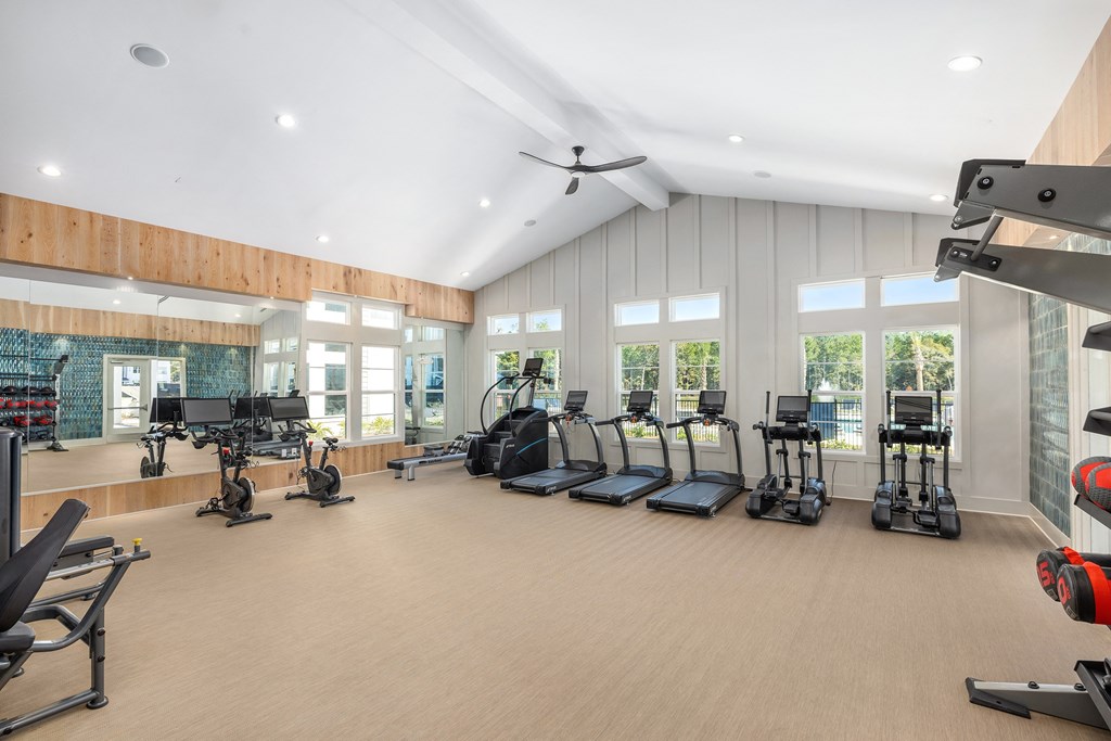 the gym has plenty of cardio equipment and windows
