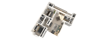 A 3D floor plan of a house with a kitchen, living room, and two bedrooms.