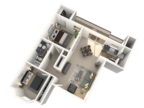 A 3D floor plan of a house with a kitchen, living room, and two bedrooms.