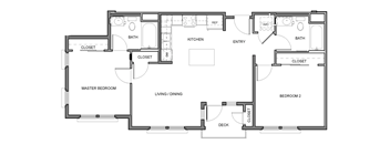 A floor plan of a house with a master bedroom, two bathrooms, a kitchen, a living room, a dining room, a deck, and two bedrooms.