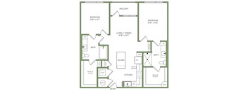A floor plan of a house with two bedrooms, a living area, a kitchen, and an island.