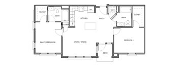 A floor plan of a house with two bedrooms, a living area, a kitchen, a bathroom, and a deck.