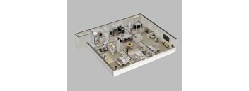 A 3D rendered image of a modern house interior.