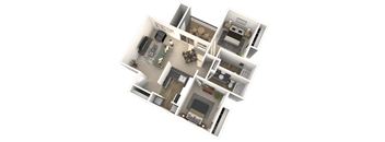 A 3D floor plan of a house with multiple rooms and furniture.