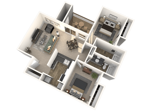 A 3D floor plan of a house with multiple rooms and furniture.