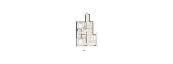 A drawing of a house plan with a living room, kitchen, two bathrooms, and two bedrooms.