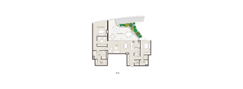 A floor plan of a home with a living room, dining room, kitchen, and bathrooms.