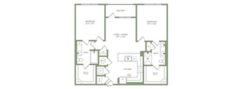 A floor plan of a house with two bedrooms, a living/dining area, a kitchen, two bathrooms, and a walk-in closet.
