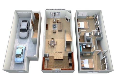 A 3D image of a car and three different floor plans of a house.
