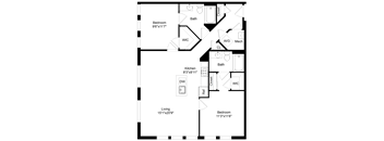 A floor plan of a house with a living room, kitchen, two bedrooms, a bathroom, and a workshop.
