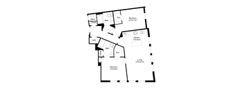 A floor plan of a house with a living room, kitchen, two bedrooms, and a bathroom.