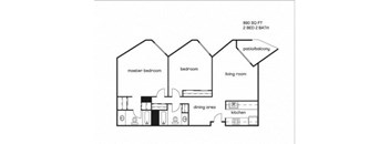 A black and white diagram of a house layout with a master bedroom, two bathrooms, a living room, a dining area, and a kitchen.