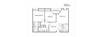 A floor plan of a 2 bedroom, 2 bathroom apartment.