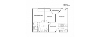 A floor plan of a 2 bedroom, 2 bathroom apartment.