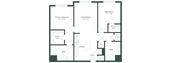 A floor plan of a home with a primary bedroom, living room, kitchen, and two bathrooms.