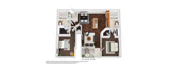 A floor plan of a house with two bedrooms, a living room, a kitchen, and a bathroom.