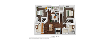 A floor plan of a house with a living room, dining room, kitchen, and two bedrooms.