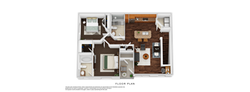 A floor plan of a house with a kitchen, living room, dining room, and bedrooms.