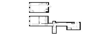 Two black and white floor plans of a house with a kitchen, living room, and bedrooms.