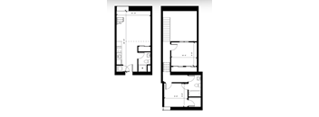 Two black and white floor plans of a house with a kitchen, living room, and bedrooms.