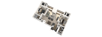 A 3D floor plan of a house with multiple rooms and furniture.