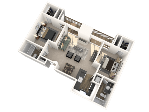 A 3D floor plan of a house with multiple rooms and furniture.