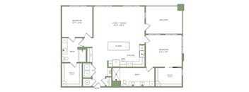 A floor plan of a house with a living room, dining room, kitchen, two bedrooms, and a bathroom.
