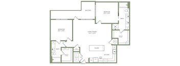 A floor plan of a house with two bedrooms, a living area, a kitchen, and an island.