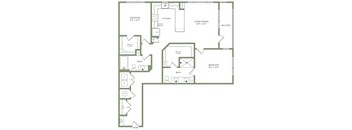 A floor plan of a house with a living room, kitchen, two bedrooms, a bathroom, and a walk-in closet.