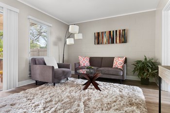 Model living room Model living room, love seat along wall swith single chair. Coffee table sitting on white rug. Windows and sliding door on the left. - Photo Gallery 5