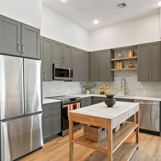 A kitchen with a table and a refrigerator.