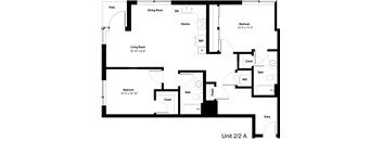 A black and white image of a floor plan for a 2/2 apartment.