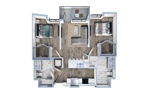 3d floor plan of a house with a bedroom and a living room