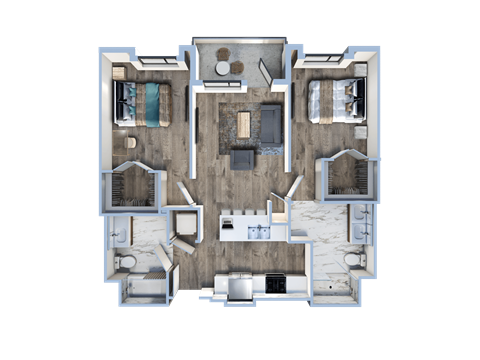 3d floor plan of a house with a bedroom and a living room