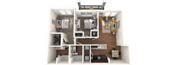 A 3D floor plan of a small apartment with a kitchen, living room, and bathroom.
