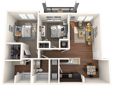 A 3D floor plan of a small apartment with a kitchen, living room, and bathroom.