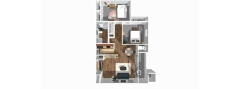 A cutaway view of a house showing the interior of a kitchen, living room, and bedrooms.