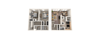 Two images of a house layout with a kitchen, living room, and bathroom.