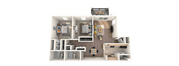 A 3D floor plan of a house showing a kitchen, living room, and two bedrooms.