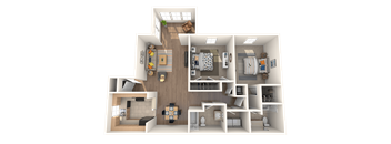 A 3D floor plan of a house with a kitchen, living room, and bathrooms.