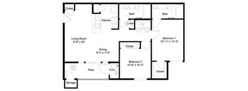 A floor plan of a house with a living room, two bedrooms, a dining area, a kitchen, a patio, a storage area, and two bathrooms.