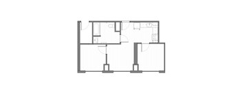 A floor plan of a house with multiple rooms and a kitchen area.