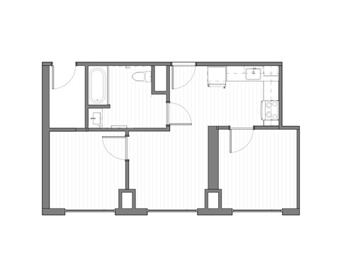 A floor plan of a house with multiple rooms and a kitchen area.