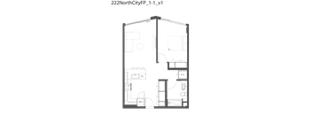 A floor plan of a house with a living room, dining room, kitchen, and two bathrooms.