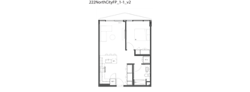 A floor plan of a house with a living room, dining room, kitchen, and two bathrooms.