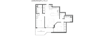 A floor plan of a building with a kitchen, living room, and two bedrooms.