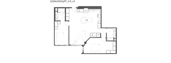 A floor plan of a property with a kitchen, living room, and two bedrooms.