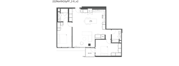A floor plan of a house with a kitchen, dining area, and a balcony.