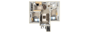 A 3D floor plan of a small apartment with a bedroom, living room, and kitchen.